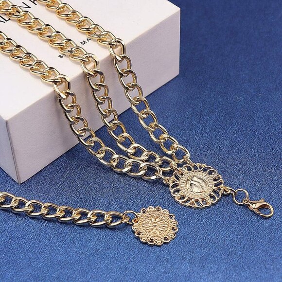 Women Waist Chain Belt Multilayer Sunflower Pendant Adjustable Gold Alloy - Picture 4 of 6